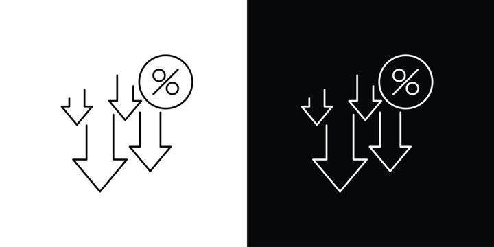 Simple line icon featuring a percentage symbol with downward arrows, representing price reduction, sales discount, cost decrease, or economic decline