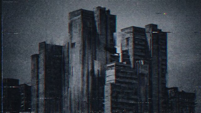 歪んだグリッチとアナログノイズが覆う暗灰色の都市ビル群が醸す緊迫感背景