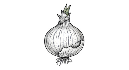 Hand drawn illustration of a fresh white onion with roots and green sprouts. © Ndog