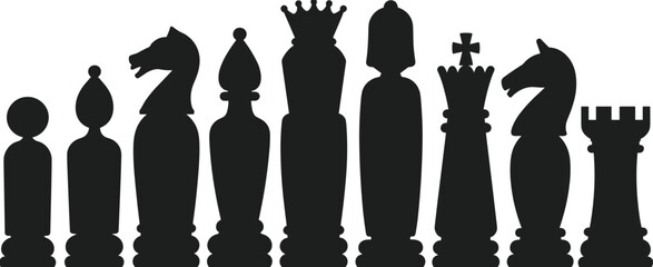 Chess piece silhouettes, pawn bishop knight, queen king rook, strategy game icons, abstract design, board game artwork, tactical play illustration © MdAminur