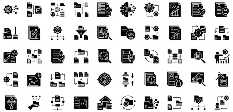 Datafication glyph style icons collection. Vector illustrations. Digitalization, Normalization, Infrastructure, Data classification, Data quality. Pro Vectors.