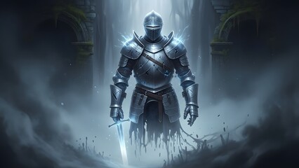 Fototapeta premium A knight in shining armor stands majestically holding a sword in a mystical foggy environment