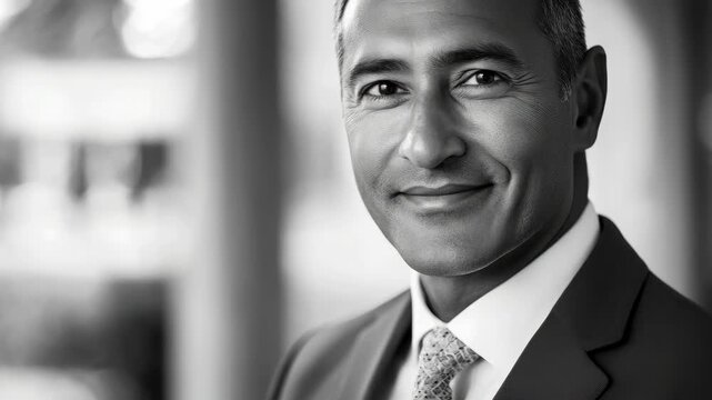 Man wearing dark business suit with tie smiling, appears friendly and professional.