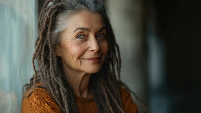 Elderly woman with long dreadlocks and a serene expression, exuding wisdom and age.