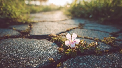 Delicate pink flower emerging from cracked pavement.