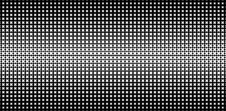Black and white abstract pattern, repeating X shapes grid, halftone gradient fading from dense to sparse, minimal geometric background. Eps10 Vector