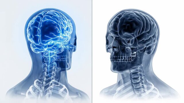hospital radiology scene. Split-screen composition showing two lateral human head X-ray scans side by side, separated by a subtle vertical division. Brain death and coma cerebral comparison