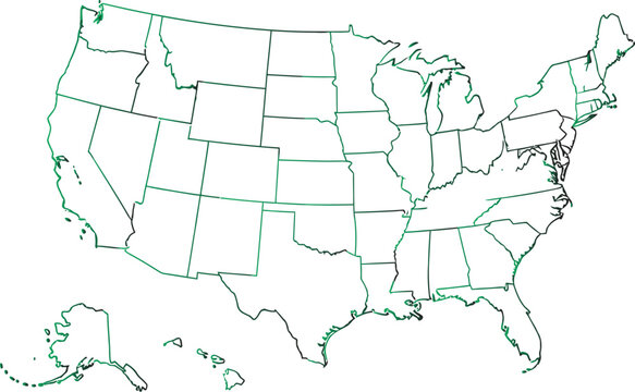 Outline map of the contiguous United States with Alaska and Hawaii includes subtle green line accents defining state.