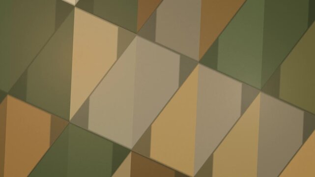 Abstract geometric background with overlapping glass triangles in earth tones. Professional beige, green, and brown architectural motion graphics