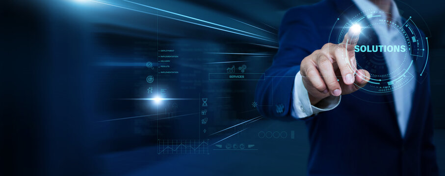 Businessman touching solutions and network. IT services, digital innovation, business problem solving, enterprise technology, corporate strategy concept.