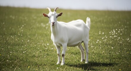 Obraz premium White Goat Stands in Green Meadow