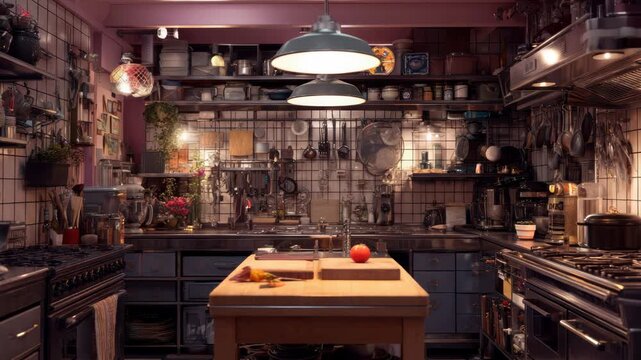 Cozy, rustic kitchen interior with abundant cookware and ingredients, ready for culinary creation