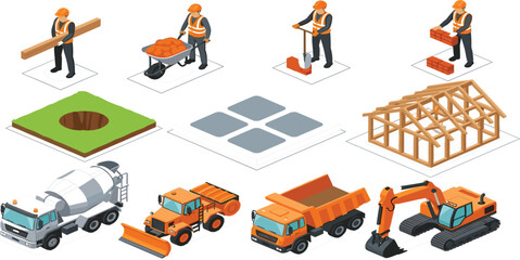 Isometric construction workers set with builders laying bricks digging holes carrying timber and pushing wheelbarrows alongside cement trucks dump trucks excavators and house frames. © MST HASMOTARA