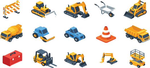 Isometric heavy construction machinery set featuring yellow excavators bulldozers road rollers scissor lifts dump trucks forklift cement mixers safety barriers and toolboxes. © MST HASMOTARA