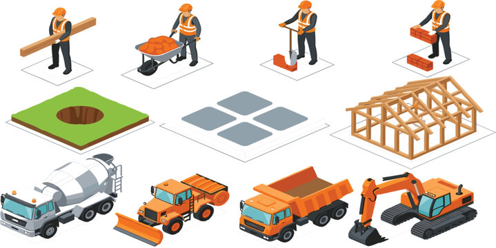 Isometric construction workers set with builders laying bricks digging holes carrying timber and pushing wheelbarrows alongside cement trucks dump trucks excavators and house frames.