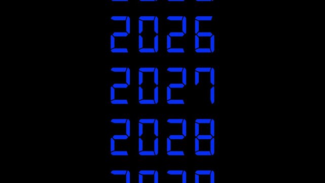 Vertical list of years from 2025 to 2027 in blue digital LED font on a black background 2026