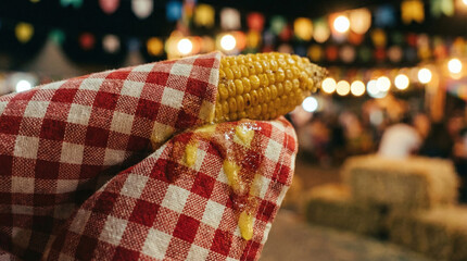 Fototapeta premium a yellow corn on the cob wrapped in a red and white checkered napkin, with butter dripping down.