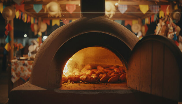 a clay wood-fired oven with a batch of roasted chestnuts inside, colorful bunting in the background.