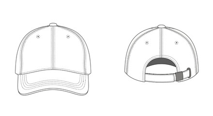 Fototapeta premium Baseball cap design front and back views in simple line art for illustration