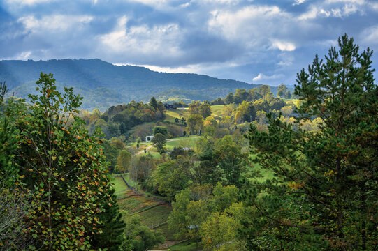 A scenic view of rolling hills and mountains covered in trees displaying autumn colors, with a few houses nestled in the landscape under a cloudy sky.