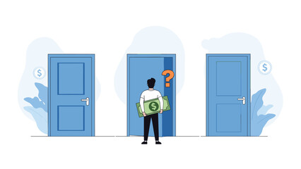 Man carrying a giant dollar bill stands at a crossroads in front of three doors with a floating question mark icon.