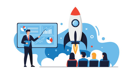Business professional presents a startup plan with a rocket launching in the background to an audience of investors.