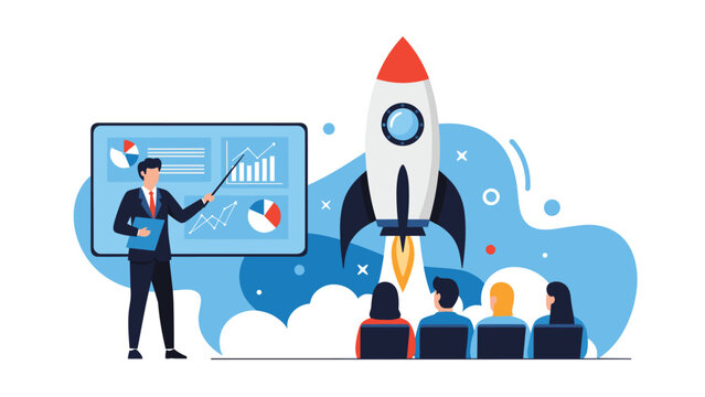 Business professional presents a startup plan with a rocket launching in the background to an audience of investors.
