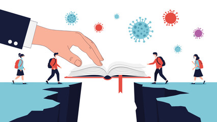 Giant hand places an open book as a bridge over a deep chasm to help students cross safely during a virus pandemic period.