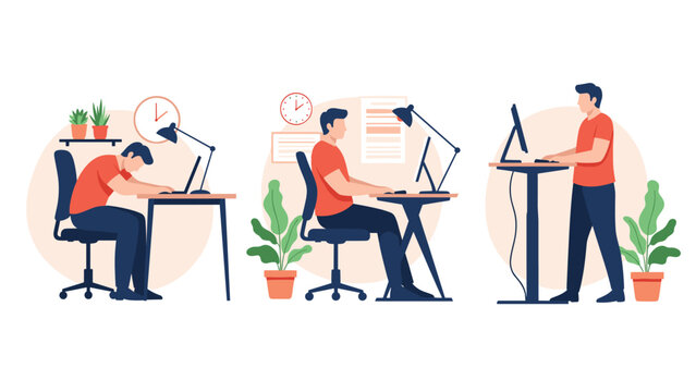 Illustration showing three stages of office ergonomics including slumped sitting, correct posture, and using a standing desk.