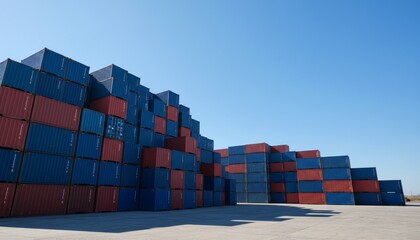 Container cargo freight ship loaded with stacked shipping containers at a busy port terminal for international trade and transport
