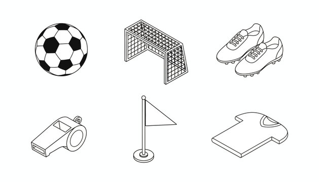 Soccer icons set including ball, goal, shoes, whistle, flag, and jersey on a white background viewed from directly above