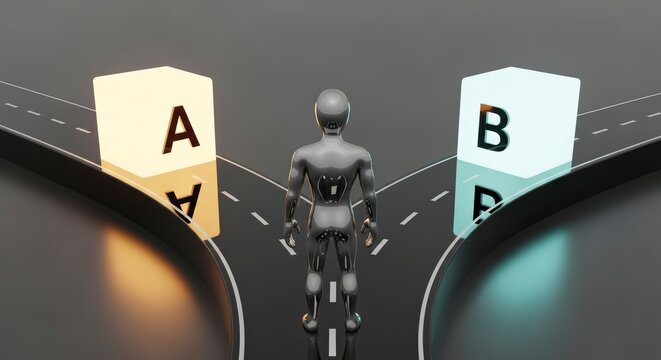 Man on Bicycle Choosing Between Two Paths.