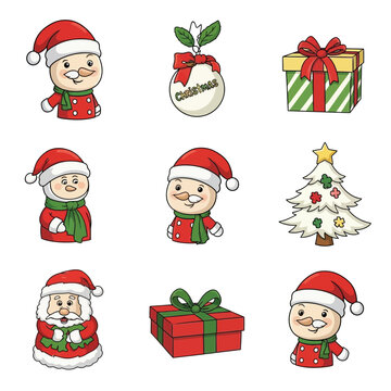 Cute cartoon Santa Claus set featuring a happy Claus with gifts and a decorated Christmas tree for a festive winter holiday celebration