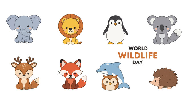 A colorful illustration of various animals including an elephant, lion, penguin, koala, deer, fox, dolphin, and hedgehog celebrating World Wildlife Day on a white background with vibrant