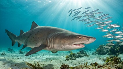 Fototapeta premium Majestic sand tiger shark gliding through turquoise ocean waters accompanied by school of small fish, sandy seabed visible below, stunning underwater marine wildlife photography showcasing predator in