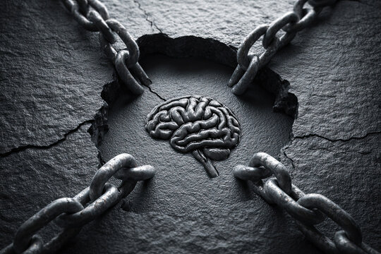 A brain-shaped hole locked by heavy chains on a cracked stone surface symbolizes mental constraints or restricted thinking.