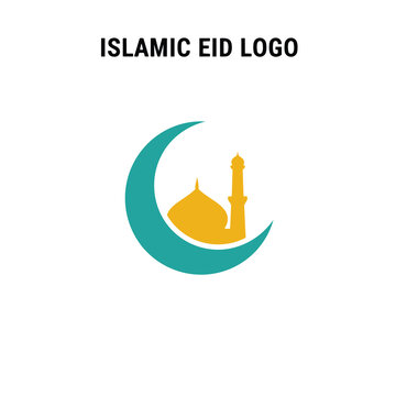 Islamic Eid logo with crescent moon and mosque, minimalist flat style for celebrating holy day, vector illustration