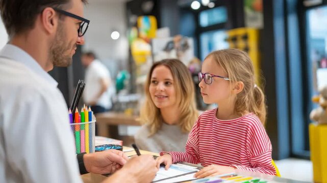 Optometrist helps a young girl choose new glasses with her mother present