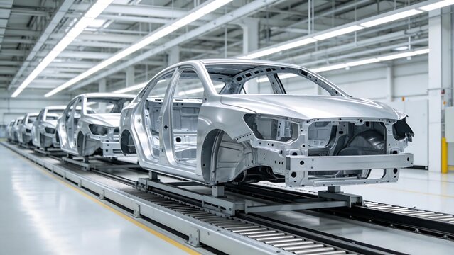 Car frames on assembly line in factory