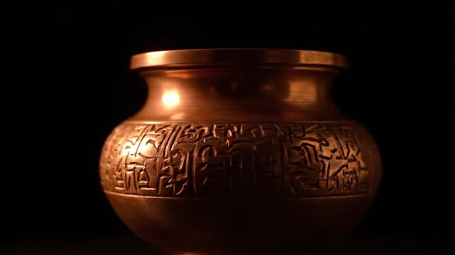 An intricately designed copper vase glows with ornate patterns in a dark setting