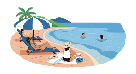 Obraz premium A young woman in a bikini enjoys a tropical summer holiday on the sandy beach by the blue sea under a sunny sky in this vibrant cartoon vector illustration