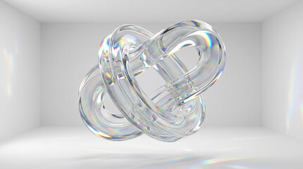 Abstract transparent glass knot sculpture with intricate light refractions in a minimalist white room, showcasing complex geometry and optical effects.