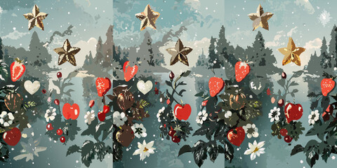 Stylized winter forest scene with berries flowers and golden stars scattered throughout © Sukla