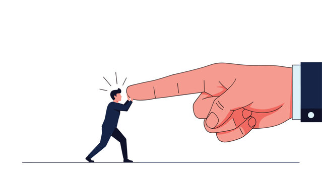 Determined small businessman uses all his strength to push back against a massive corporate pointing finger for self-defense.