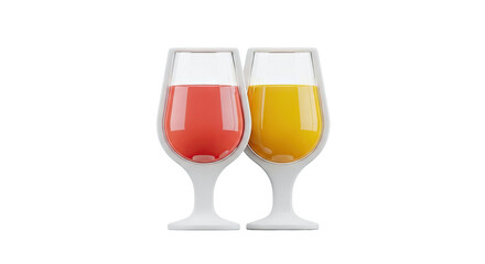 Two champagne glasses with colorful drinks on a white background