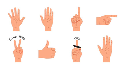 Obraz premium Hand Gesture Vector Set Illustration including Thumbs Up Pointing High Five and Come Here Sign Isolated on White Background for Communication and UI Design Icon
