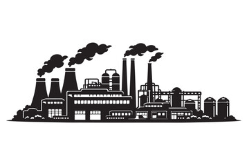 Obraz premium Manufacturing Plant Silhouette Side View, Vector Illustration, Isolated on White Background