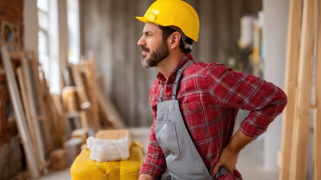 Laborer with back pain lifting a carrycot indoors