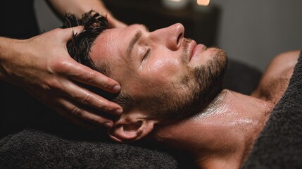 Fototapeta premium Spa therapist giving a scalp massage to a male client