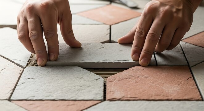 Person Placing Gray Stone Tiles on Floor in an Octagon Pattern Design